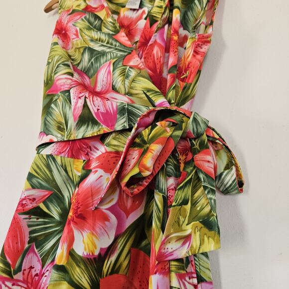 Vtg Sag Harbor Floral Faux Wrap Midi Dress Womens 8 Tropical Resort Beach Boho - Picture 2 of 7